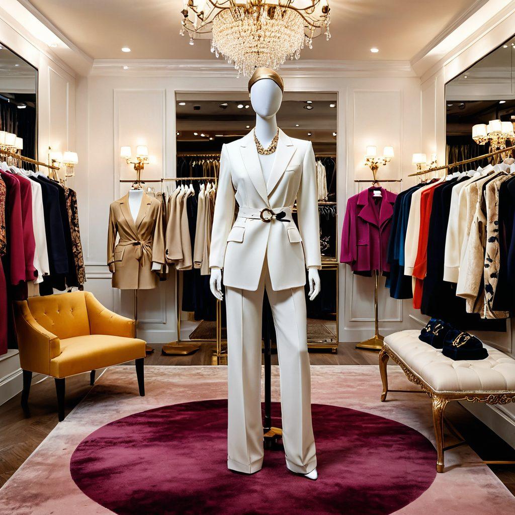 A stylishly dressed mannequin in a luxurious boutique, surrounded by elegant clothing essentials like silk blouses, tailored coats, and designer accessories. The setting features soft lighting to create an inviting ambiance, with plush carpets and opulent decor. Accentuate the allure of sophistication with a backdrop of exquisite fashion sketches and a mirrored wall reflecting the lavish items. vivid colors. super-realistic. chic atmosphere.