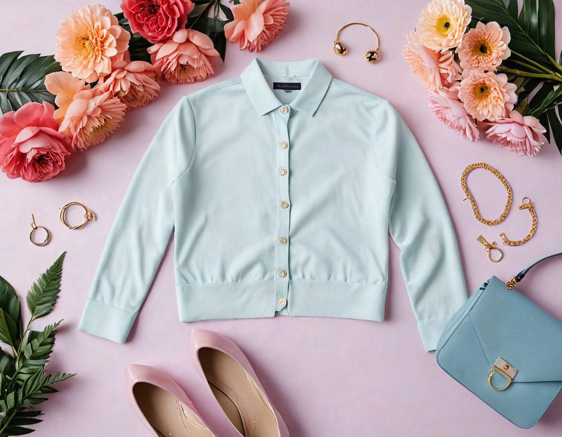 A beautifully arranged flat lay of high-quality fashion items, including elegant clothing, stylish accessories, and captivating footwear. Incorporate a soft, inviting background with pastel colors that evokes a sense of charm and sophistication. Add delicate flowers and a charm bracelet to subtly represent the theme of discovery and choices in style. super-realistic. vibrant colors. minimalistic background.