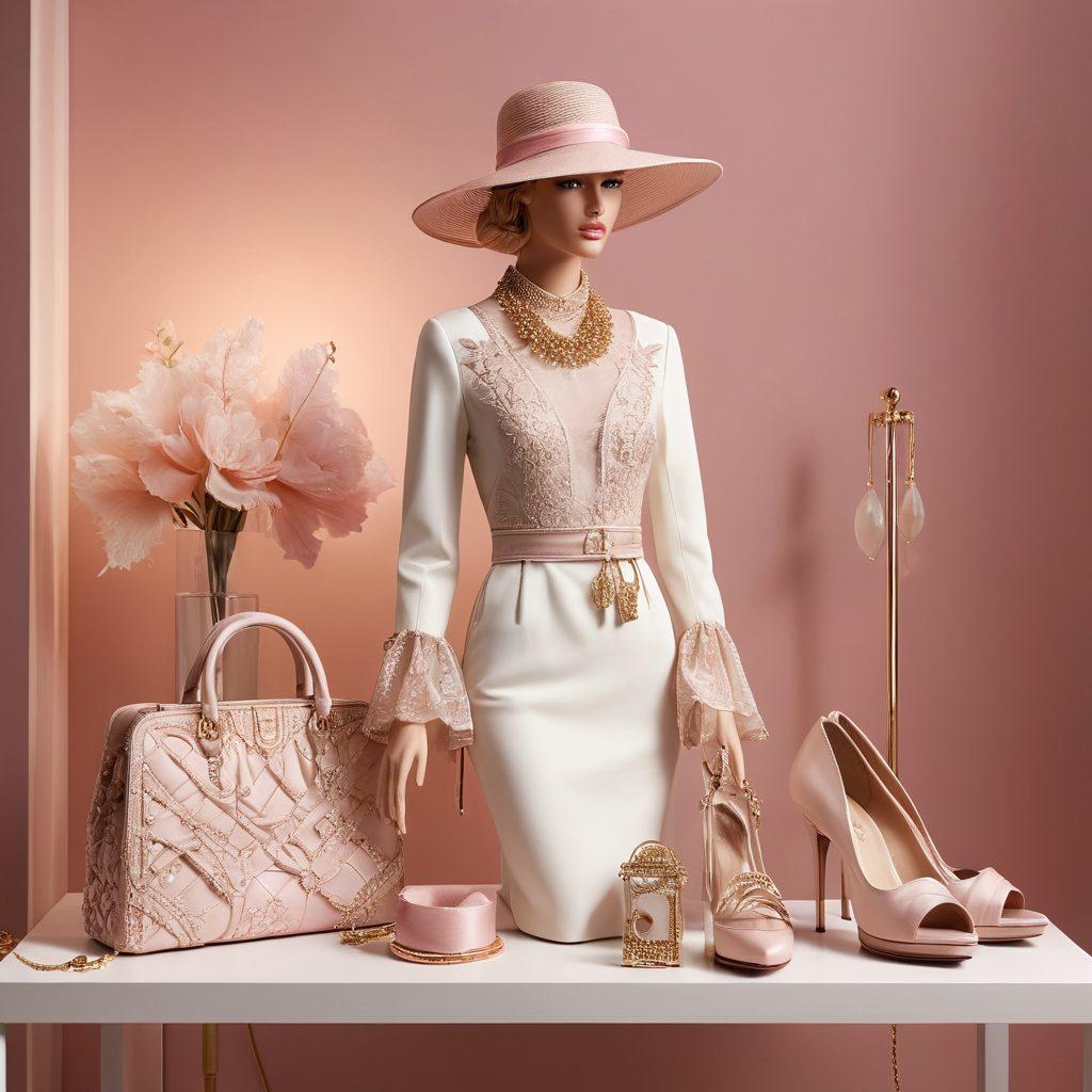 A stylish mannequin dressed in an elegant, sophisticated outfit featuring flowing fabrics and intricate details, surrounded by luxurious accessories like a designer handbag and chic shoes. The background showcases a minimalist boutique setting with soft lighting and a tasteful display of fashion items. Include a subtle touch of glamour, such as sparkling jewelry or a trendy hat. super-realistic. chic aesthetic. soft pastel colors.
